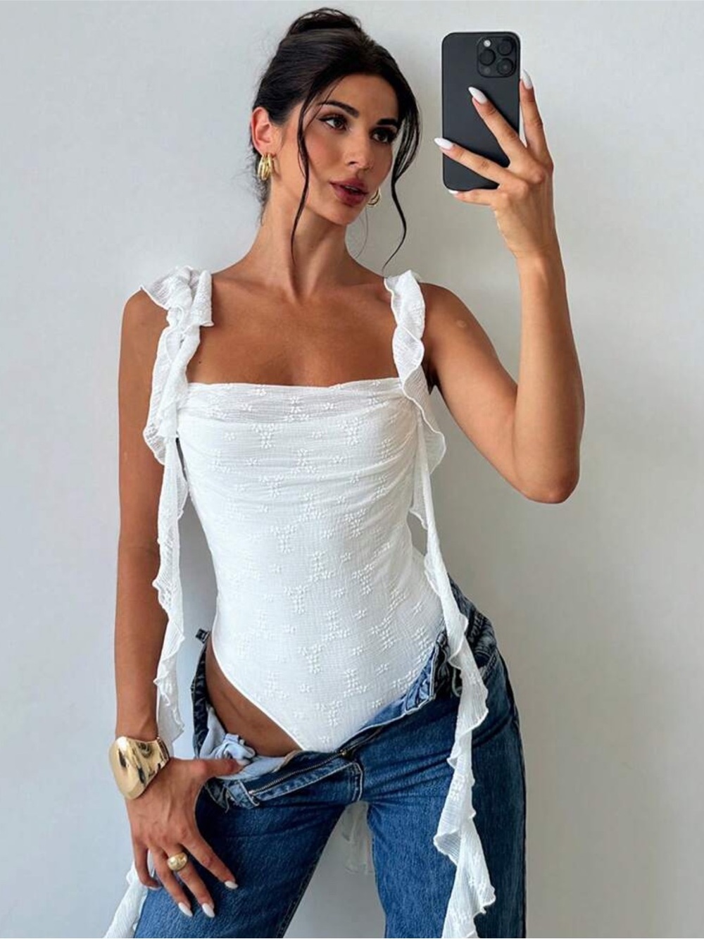 White Eyelet Ruffled Bodysuit - Picture 3 of 5